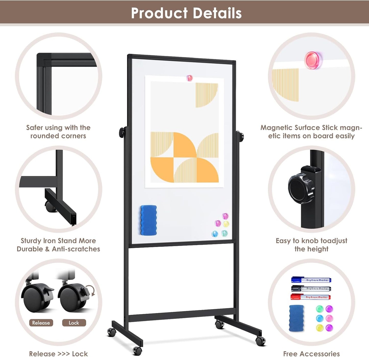 Double Sided Cork Board White Board, 32 x 48 inches Large Cork Board for Office, Height Adjustable Magnetic Dry Erase Board on Wheels, Portable Freestanding Natural Corkboard for Displaying, Planning