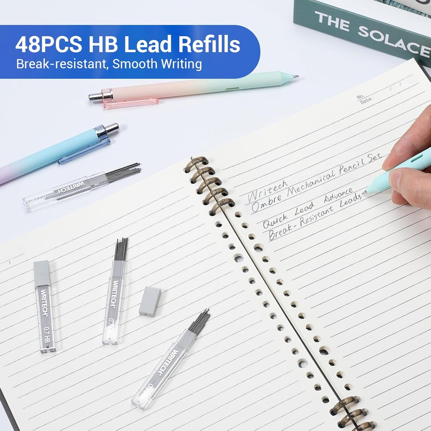 WRITECH Up Mechanical Pencil Set: 6ct Gradient Barrel 0.7mm Mechanical Pencils with 4 Tubes of HB Lead Refills and 2 Extra Erasers for Writing Drawing Sketching Drafting