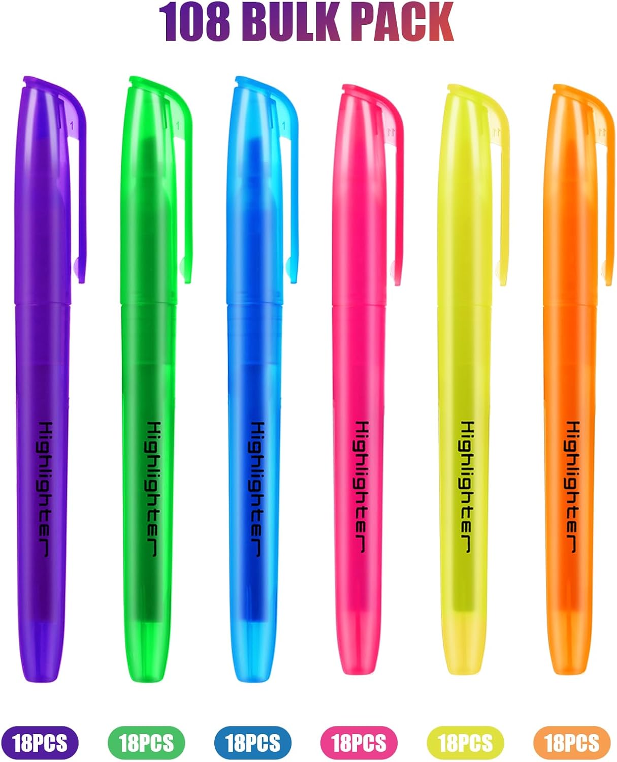 Highlighters Assorted Colors Bulk, 108 Pcs Pastel Highlighters with 6 Colors for Office and School Supplies