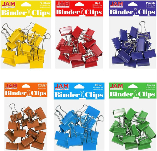 JAM PAPER Colorful Binder Clips Assortment - Medium - 1 1/4 Inch (32 mm) - Assorted Rainbow Colors - 90 Binderclips/Pack