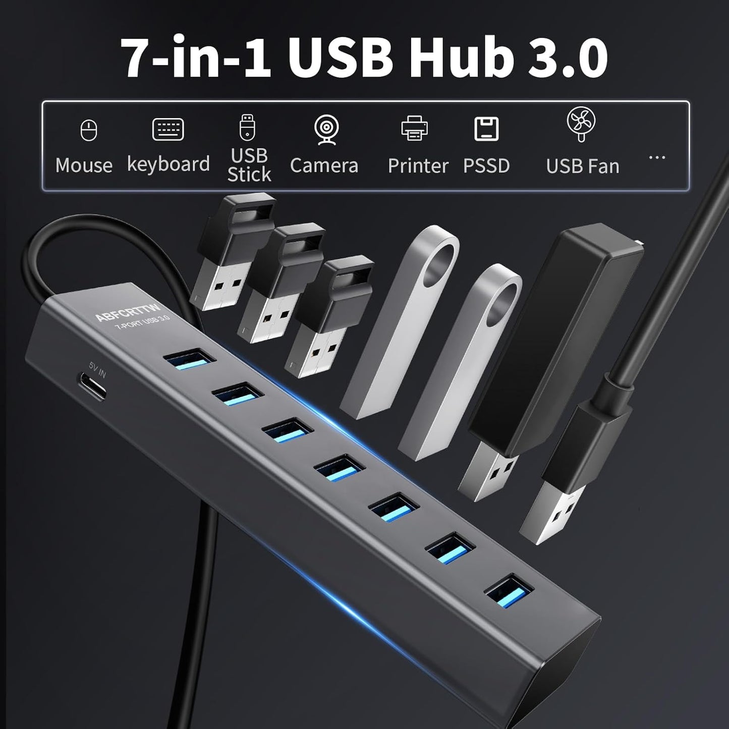 4Ft 7-Port USB 3.0 Hub for Desktop - Aluminium USB Extender Hub 5Gbps, USB Multiport Adapter, USB Splitter, USB Hub Long Cable for Desktop, PC, Flash Drive, Mobile HDD, Windows/XPS, 1.2m
