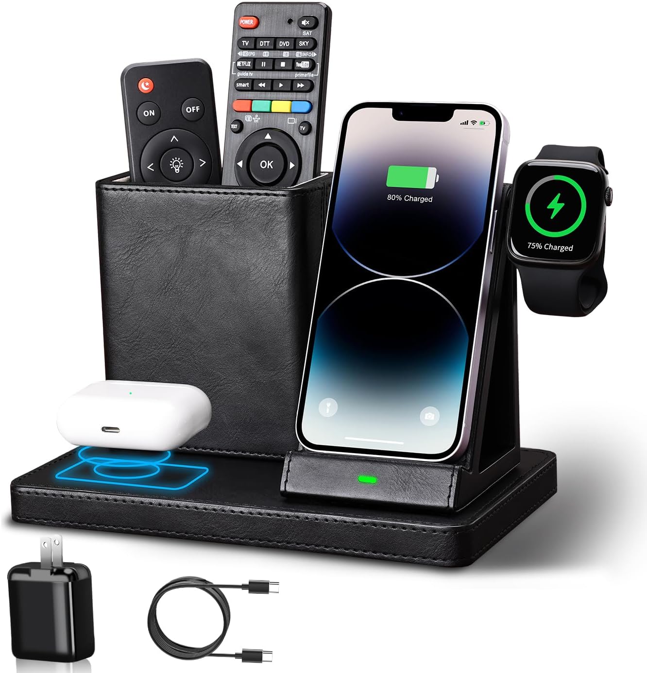 KINGFOM Leather Desk Organizer with Charging Station Multi-Functional Phone Pen Pencil Holder for Desk Desk Organizers and Accessories for Office Home Supplies (S)