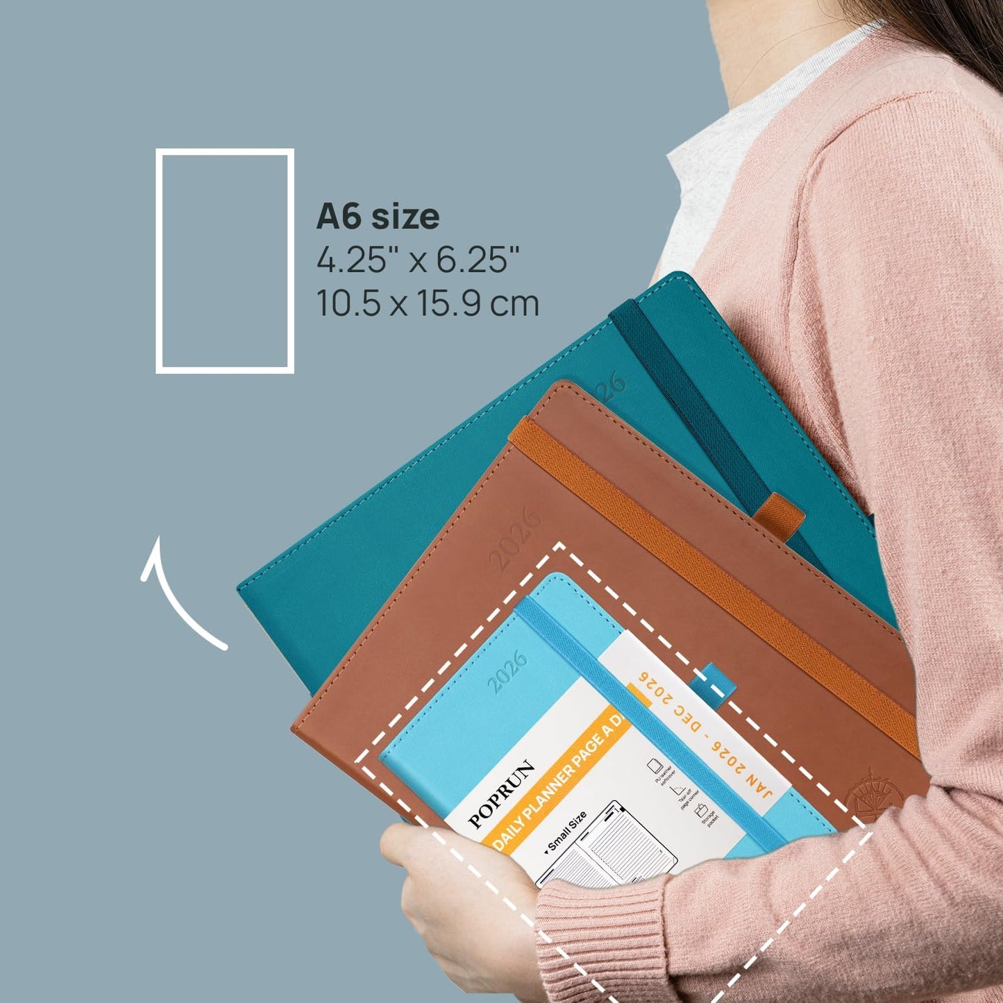 POPRUN Daily Planner 2026 (Jan - Dec), (Purse Size-4.25" x 6.25") 2026 Daily Calendar with One Page Per Day Even Weekends, Hourly Appointment Book with Pocket, PU Leather Softcover - Brown