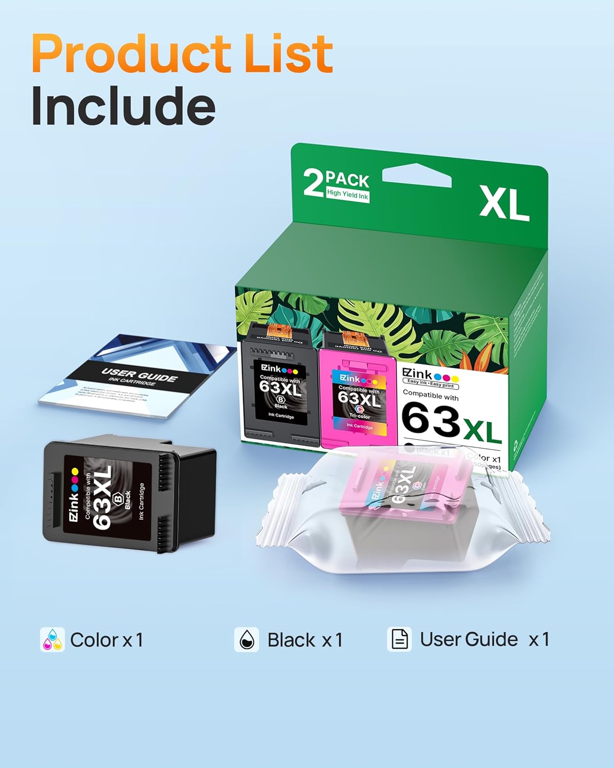 63XL Ink Cartridges Black and Color Remanufactured Replacement for HP Ink 63 for HP 63XL Ink Cartridges Combo Pack Work for HP Officejet 4650 3830 3833 5255 5258 Envy 4520 Deskjet 1112 3637 (2 Pack)