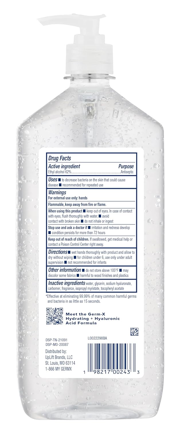 Germ-X Hand Sanitizer, Hydrating with Hyaluronic Acid, 1L Bulk Pack, Instant & No Rinse Formula, Sanitizing Liquid Gel for All Skin Types, Formulated without Parabens, Phthalates & Dyes