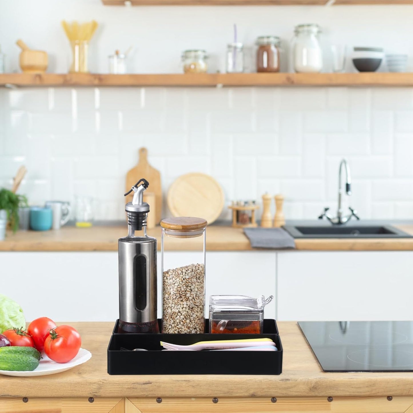 Teling 2 Pcs 4 Piece Large Black Rectangular Desk Organizer Set, Half Accessory Tray, Plastic Tabletop Organizer for Office, Home, or Study, Dimensions: 9.45 x 2.95 x 1.38 Inches