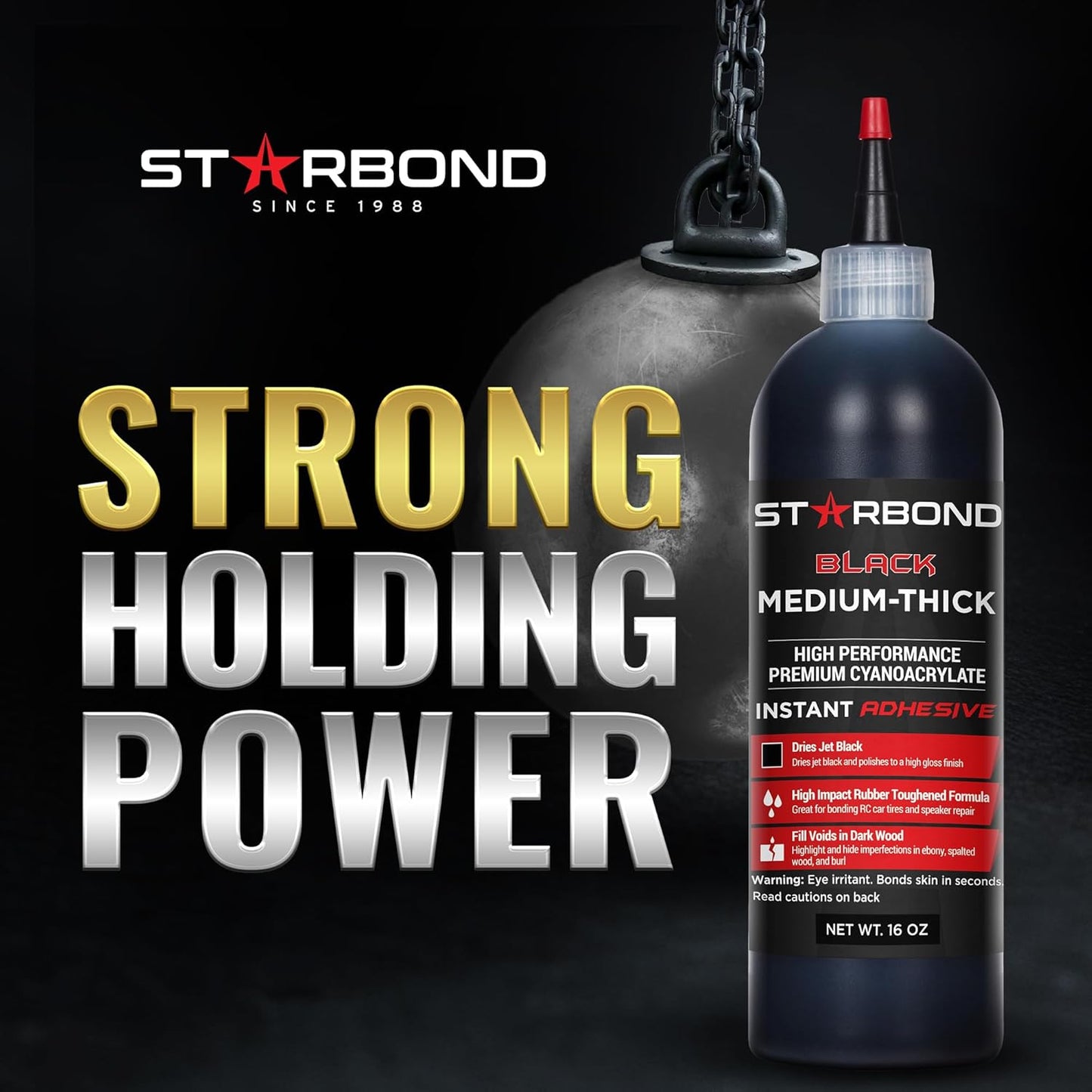 Premium Grade Cyanoacrylate (CA) Super Glue by STARBOND - 16 OZ Complete Refill KIT (453-gram) - Black Medium-Thick Knot Filler 500 CPS Viscosity Adhesive for Woodworking, Woodturning, Carpentry