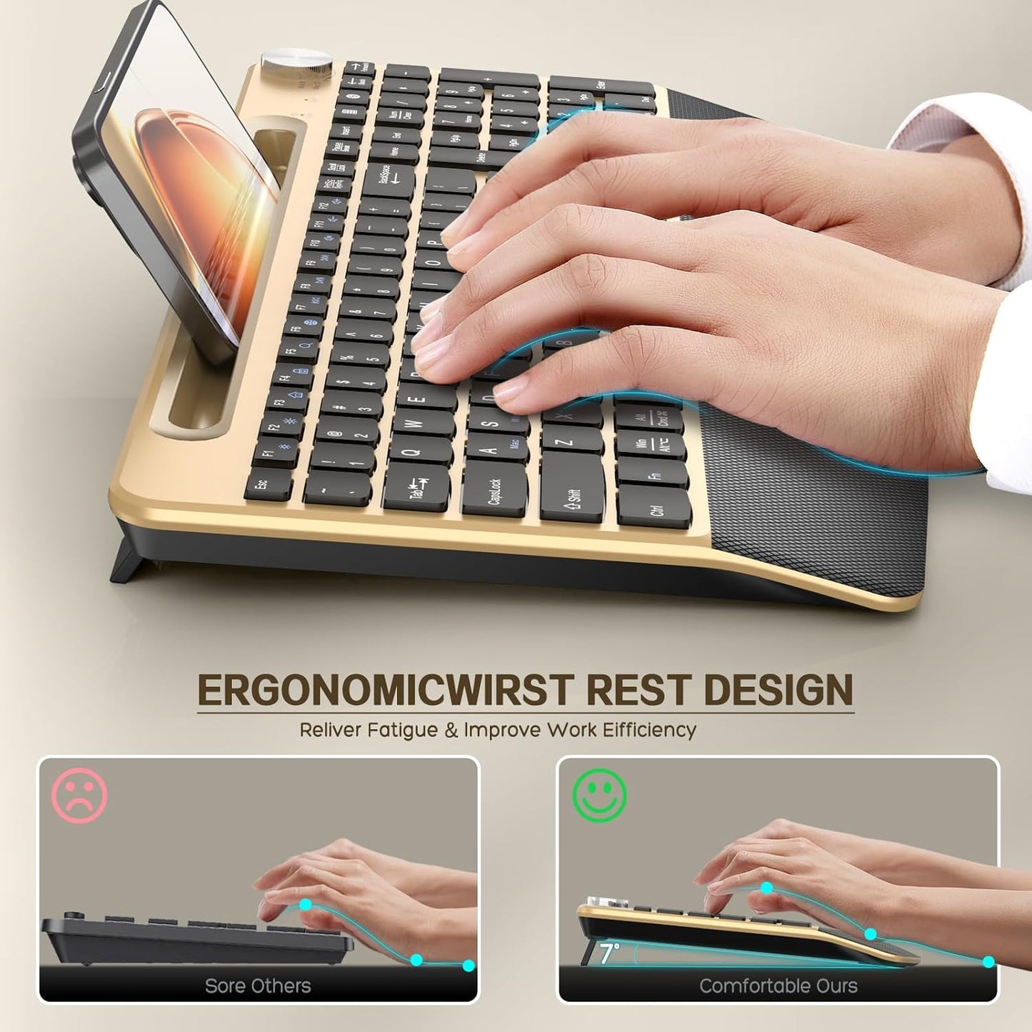 JOYACCESS Ergonomic Wireless Keyboard with Wrist Rest, Phone/Tablet Holder,Windows & Mac OS, 2.4 GHz Wireless, Full-Size,Quiet Keyboard Compatible for Laptop,PC, Mac, Windows -Black Glod