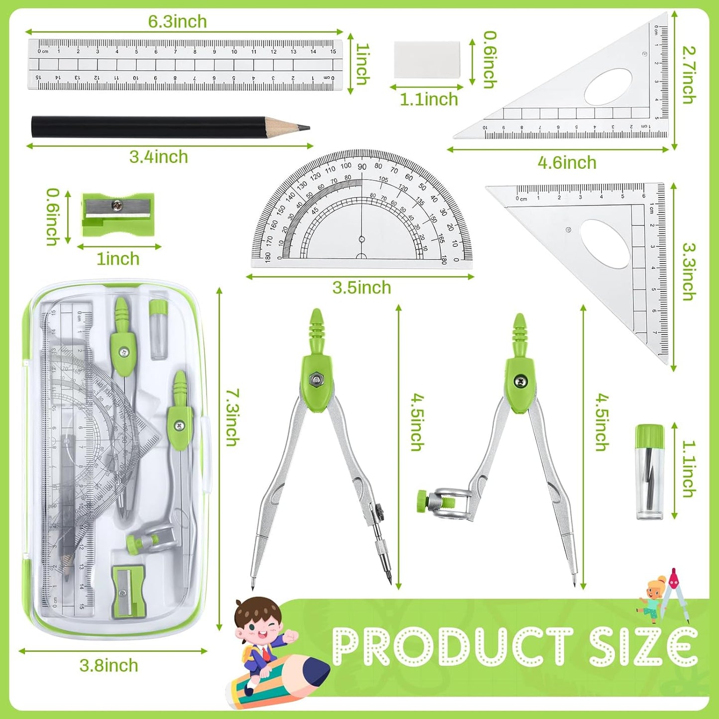 Teling 12 Sets Math Geometry Kit for Students 10 Pcs Compass Geometry Tools Set Includes Rulers Protractor Compass Eraser Pencil Sharpener Lead Refills Pencil (Green)