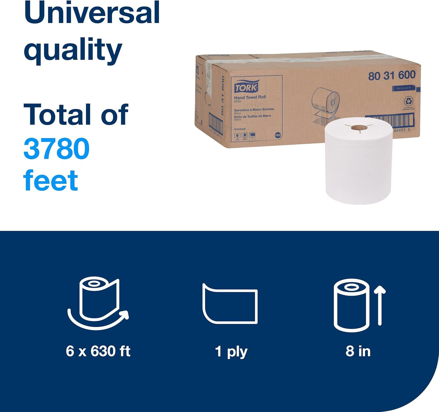 Tork Hand Towel Roll White H80, Universal, 100% Recycled Fiber, 6 Rolls x 630 ft, 8031600