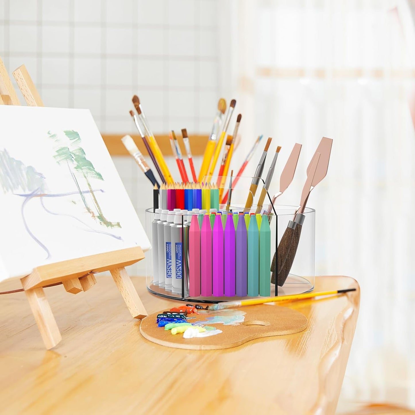 Absonic Acrylic Pen Holder Pencil Organizer, 360-Degree Rotating Pencil Holder, Crayon Organizers for Kids Marker Organizer Caddy Art Supply Kids Desk Organizers for Office Home School