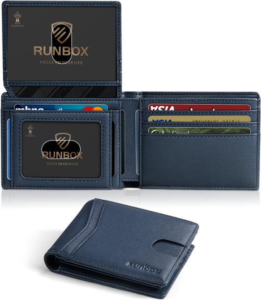 RUNBOX Wallet for Men Slim Rfid Leather 2 ID Window With Gift Box