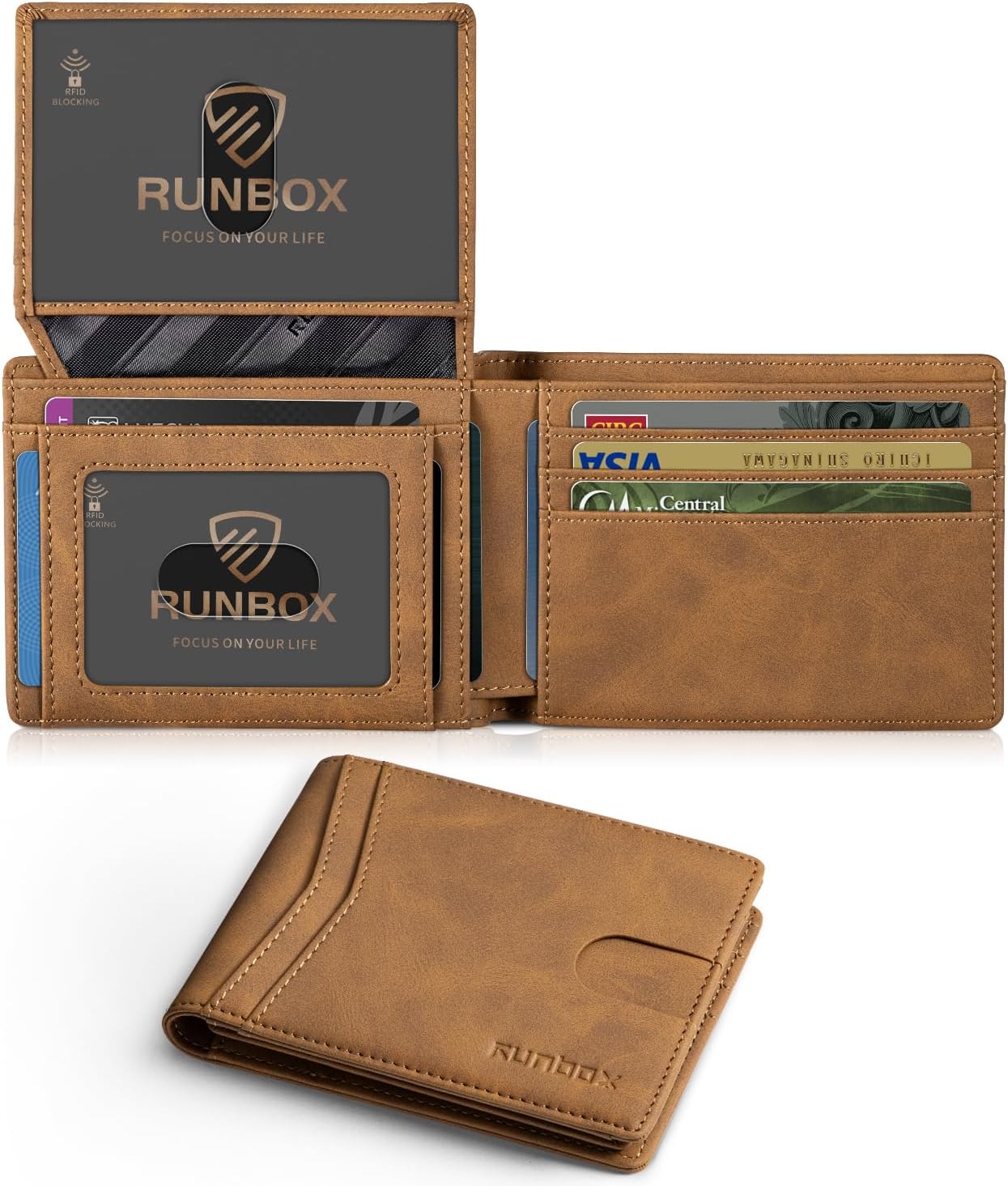 RUNBOX Wallet for Men Slim Rfid Leather 2 ID Window With Gift Box