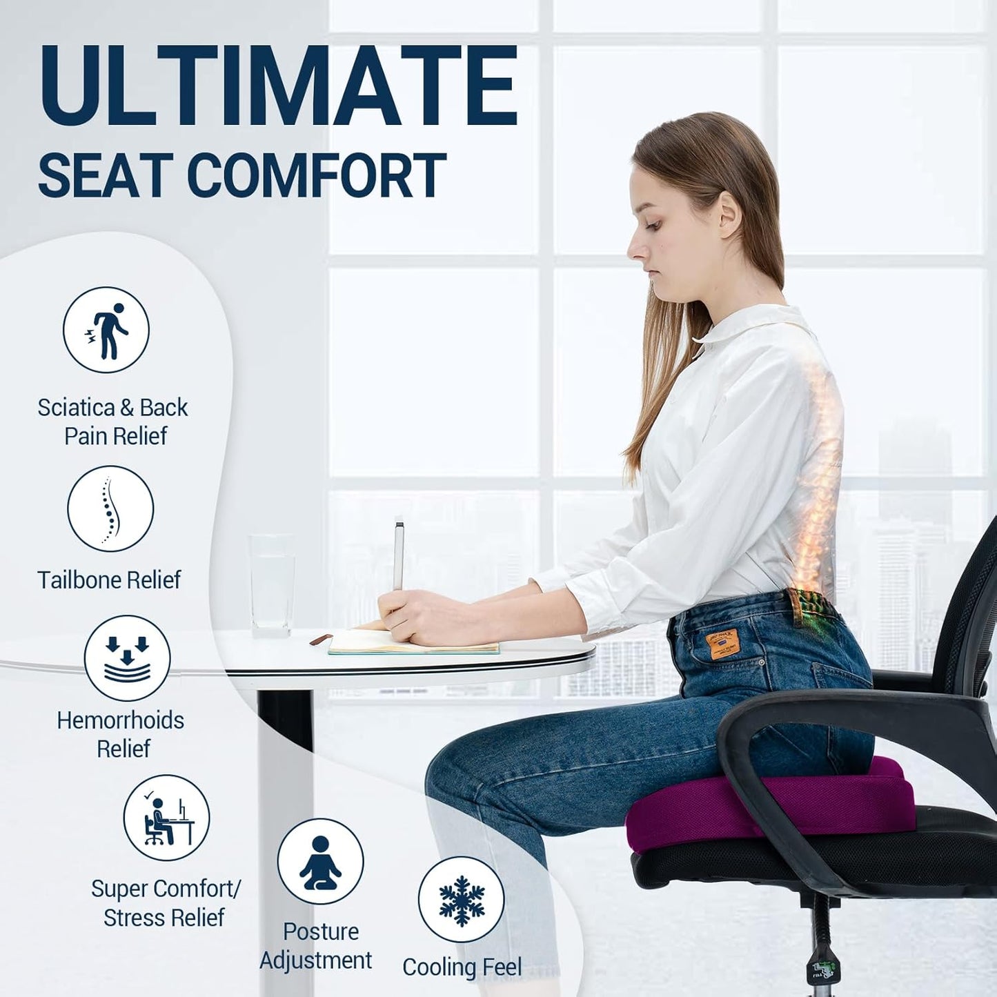 Gel Seat Cushion for Car Office - Memory Foam Pain Relief Chair Pillow Cushions - Tailbone Sciatica Coccyx Butt Lumbar Support Pad for Sitting Driving Traveling, Mesh, Purple