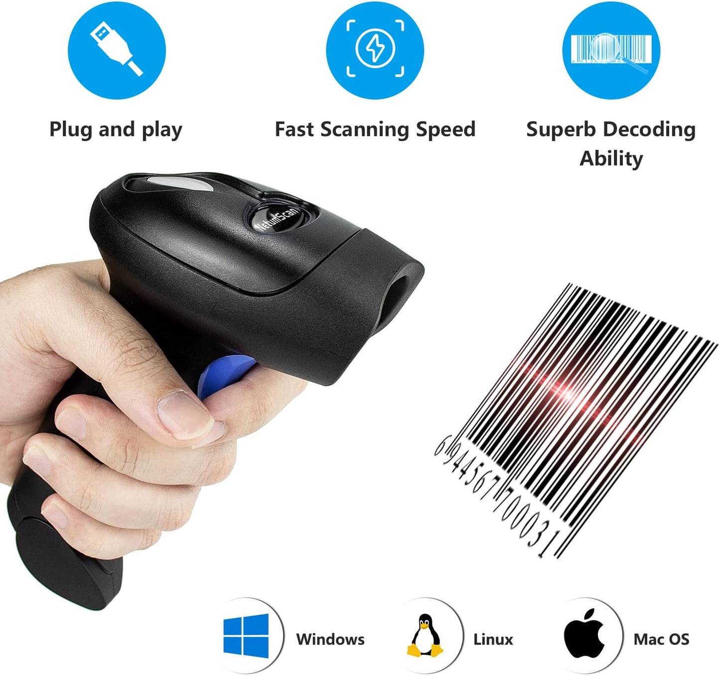 NetumScan Bluetooth 1D Bar Code Scanner, 3 in 1 Automatic Wireless Barcode Scanner Handheld USB CCD Barcode Reader for Store, Warehouse POS, Computer, Tablet, iPhone, iPad, Android