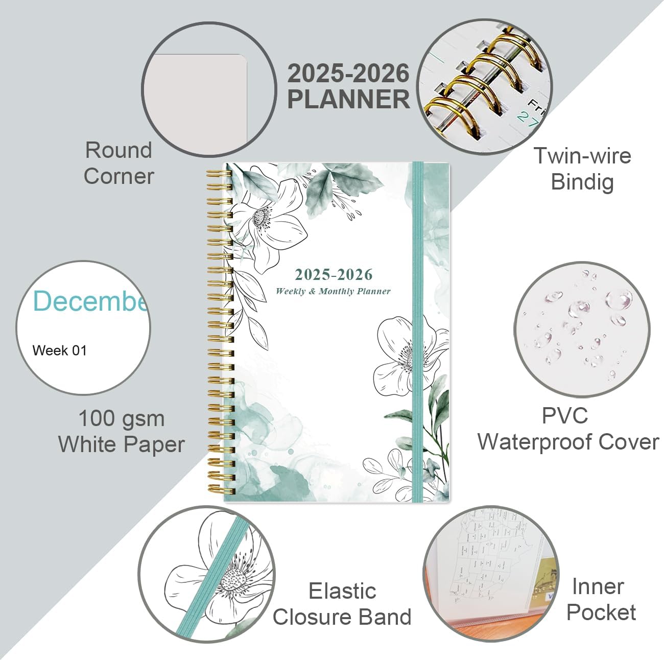 Planner 2025-2026 - July 2025 - June 2026, Academic Planner 2025-2026 with Flexible Cover, Tabs, Inner Pocket, Spiral Bound, 6.4" x 8.5", Teal Flowers