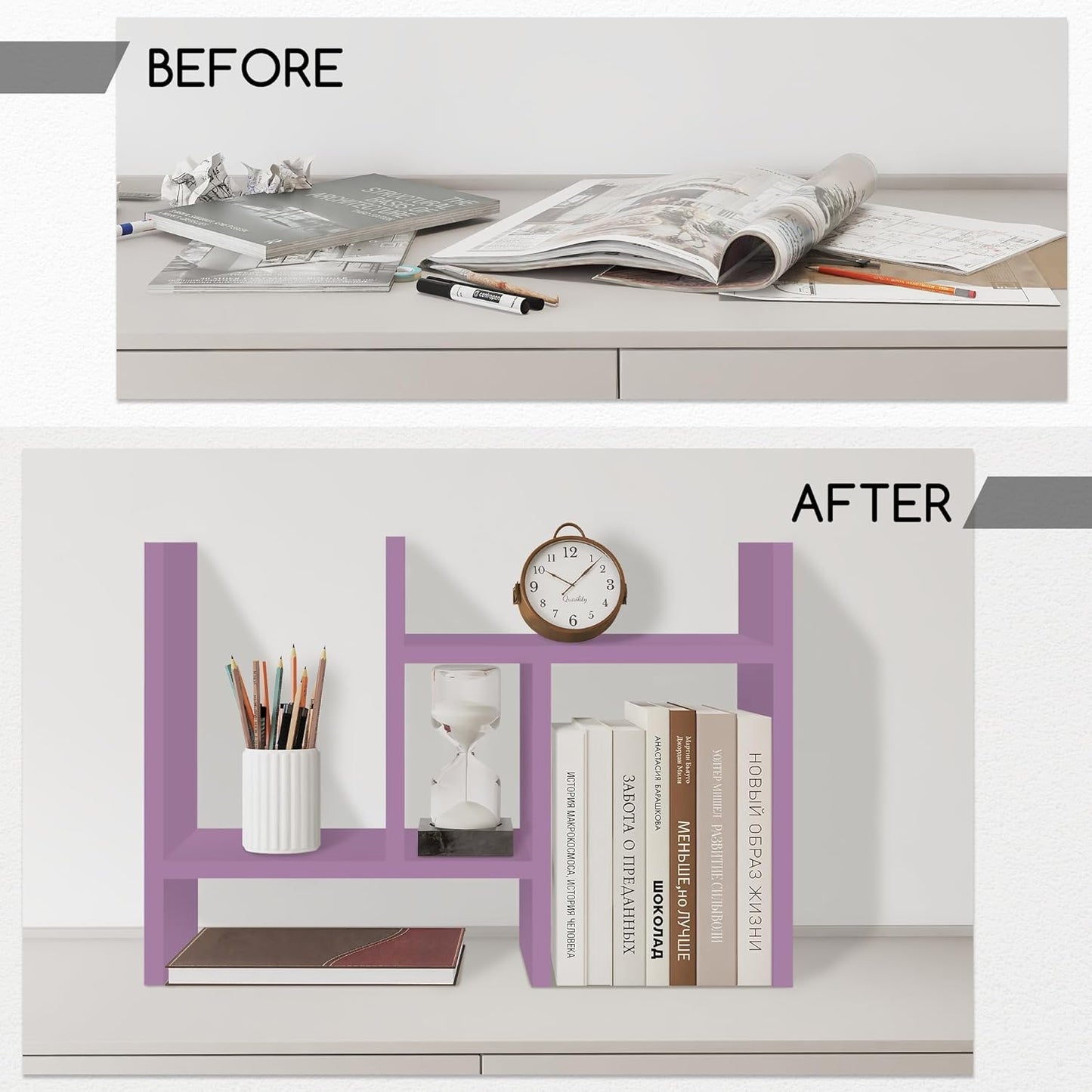 Jerry & Maggie Desktop Organizer Office Storage Rack Adjustable Wood Display Shelf Free Style Double H, Multi-Functional Mini Bookshelf for Desk Natural Stand (Violet)