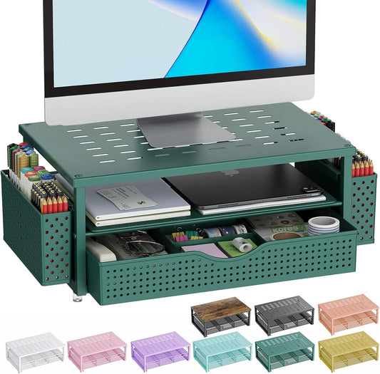 gianotter Desk Organizers and Accessories, Monitor Stand with Drawer and 2 Pen Holder, Desktop Organizer Suitable for Offices and Dormitories (Green)
