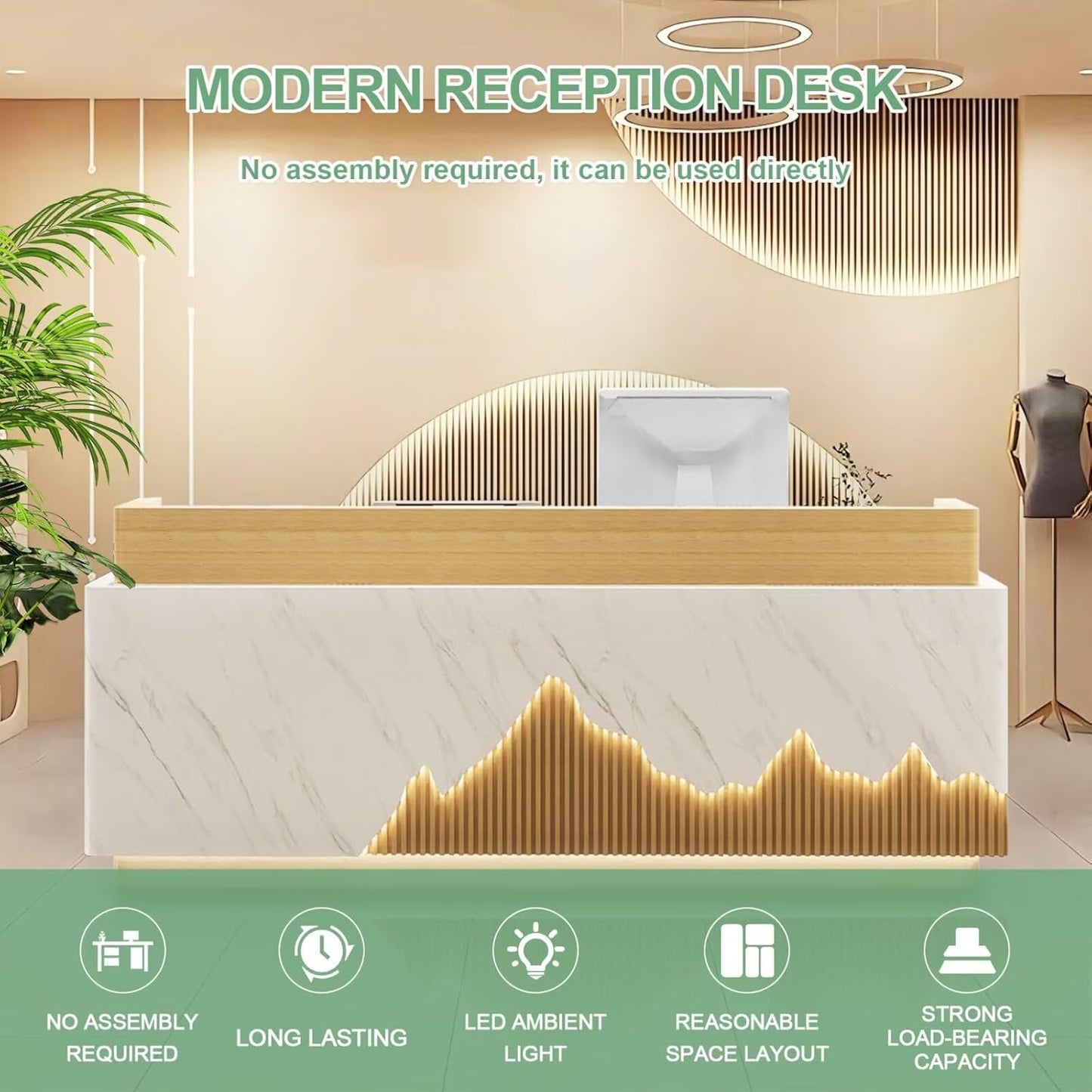 Reception Desk Modern Front Office Desk Reception Counter Receptionist Room Tables with Lock Drawer Checkout Cashier Counter for Lobby Beauty Salon, No Assembly Required White and Wood 94inch