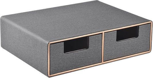 Linen Leather Desk Organizer with Drawers－Mini Desktop Drawer Organizer Stackable－Multifunctional Tabletop Organization Storage Box for Office Supplies Home Vanity Toiletries (Grey, 2-drawers)