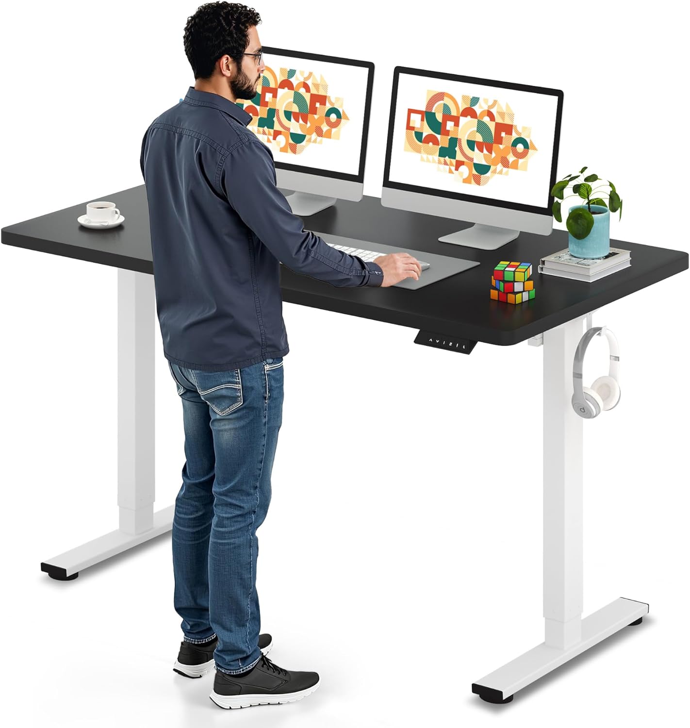 SANODESK Electric Standing Desk 55 x 28 Inches Whole-Piece Desktop Height Adjustable Stand Up Desk w/6-Button Controller Ergonomic Computer Desk for Home Office, White Frame + Black Tabletop