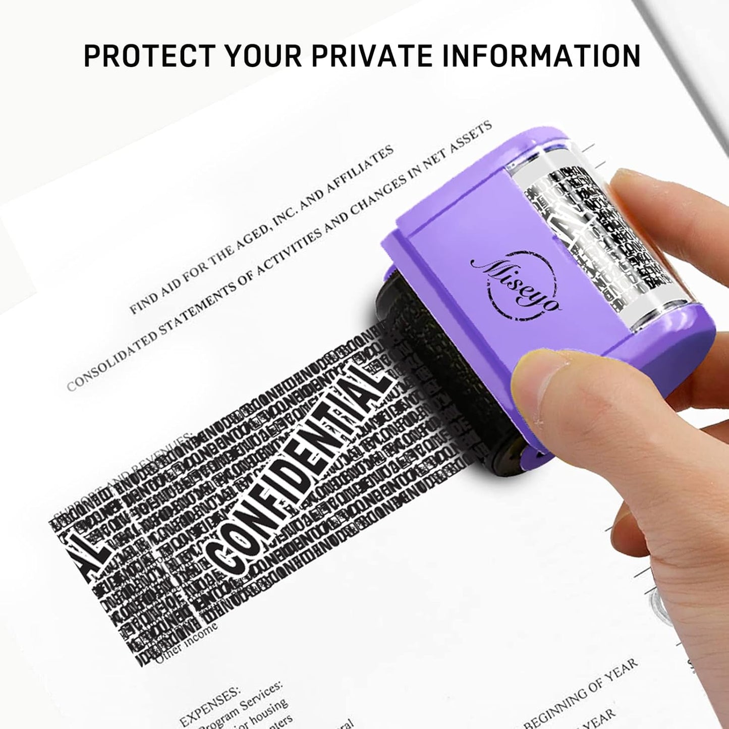 Miseyo Identity Theft Protection Roller Stamp Set - Purple (6 Refill Ink Incleded)