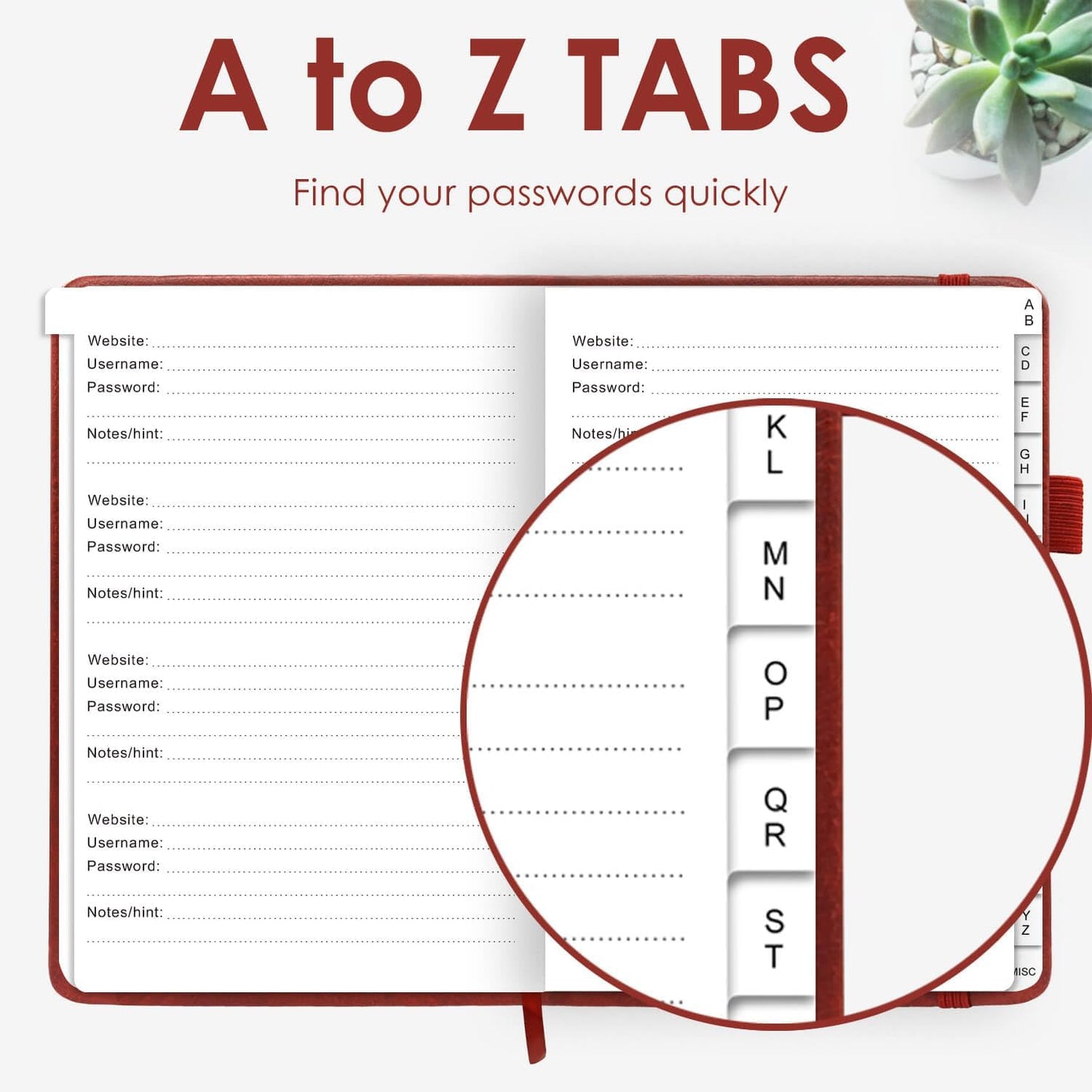 Elegant Password Book with Alphabetical Tabs - Hardcover Password Book for Internet Website Address Login - 7" x 10" Password Keeper and Organizer w/Notes Section & Back Pocket (Wine Red)