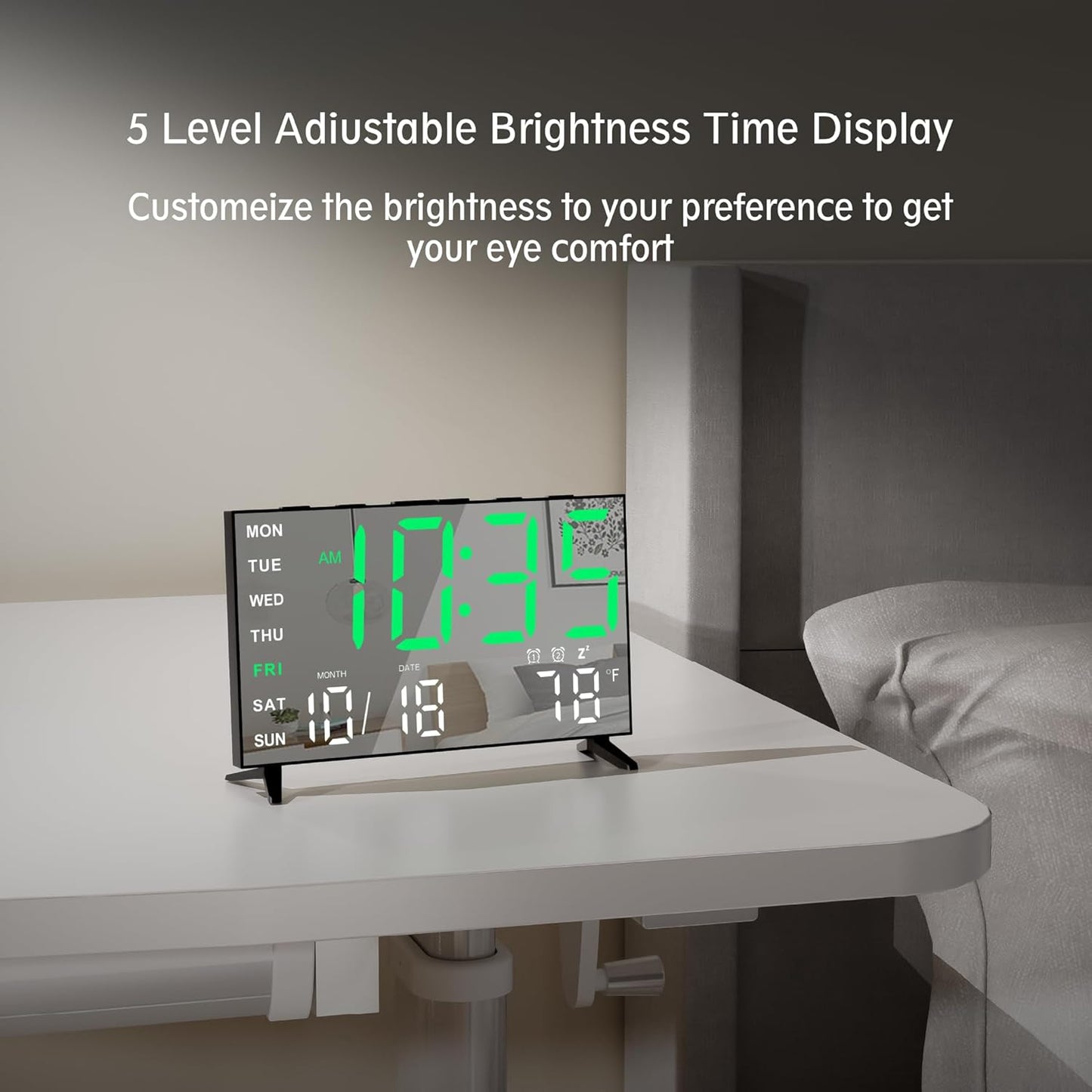 Mirror Digital Loud Alarm Clock with with Date,Indoor Temperature,USB Charging Port,Dimmer,Adjustable Volum,12/24H,Snooze,Dual Alarms (Weekday/Weekend),Perfect for Bedroom and Living Room