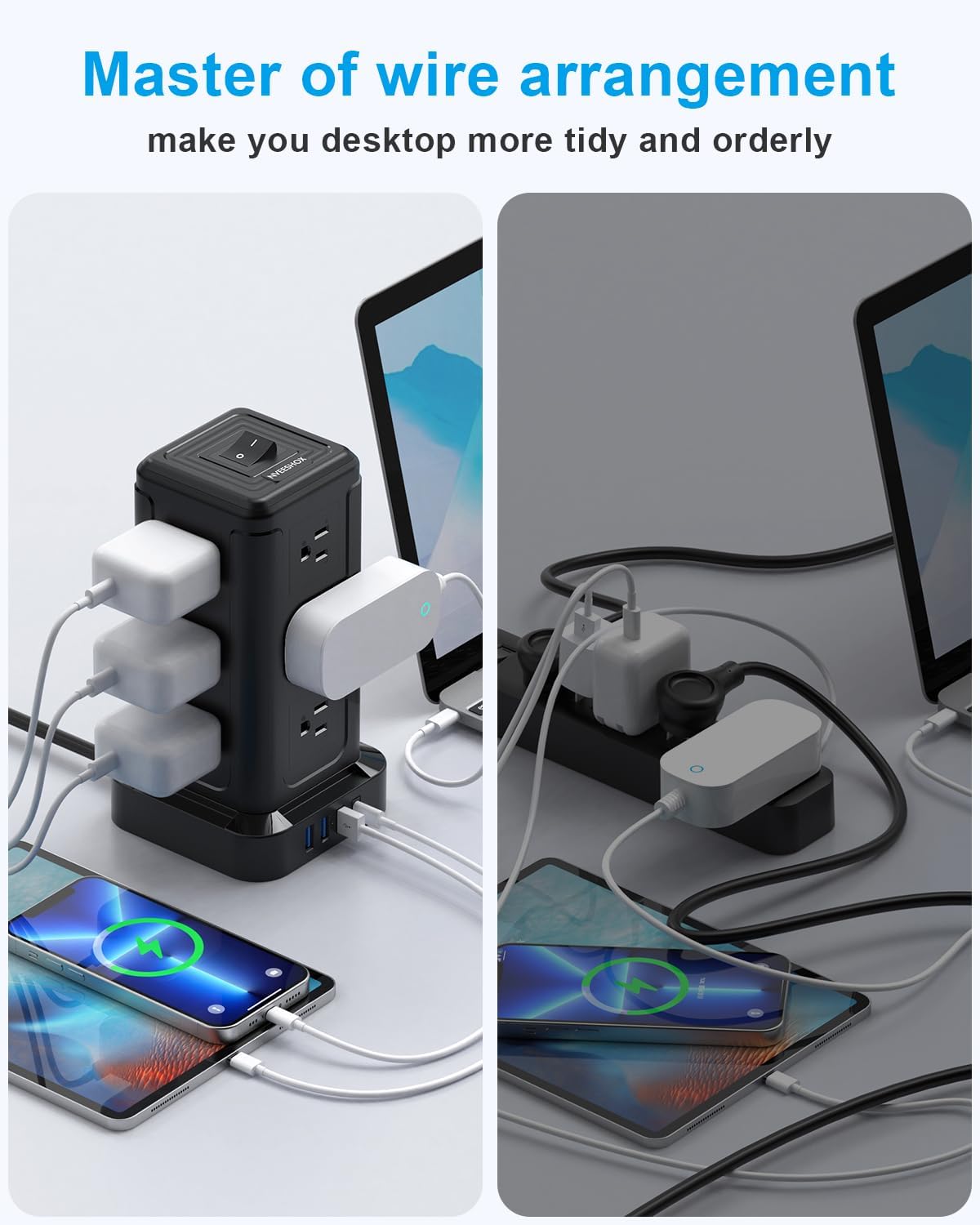 NVEESHOX Surge Protector Power Strip Tower, 10 FT Flat Plug Extension Cord with 12 AC Outlets 4 USB Ports(20W PD Type C), Charging Station with Surge Protection for Family, Office, Dorm