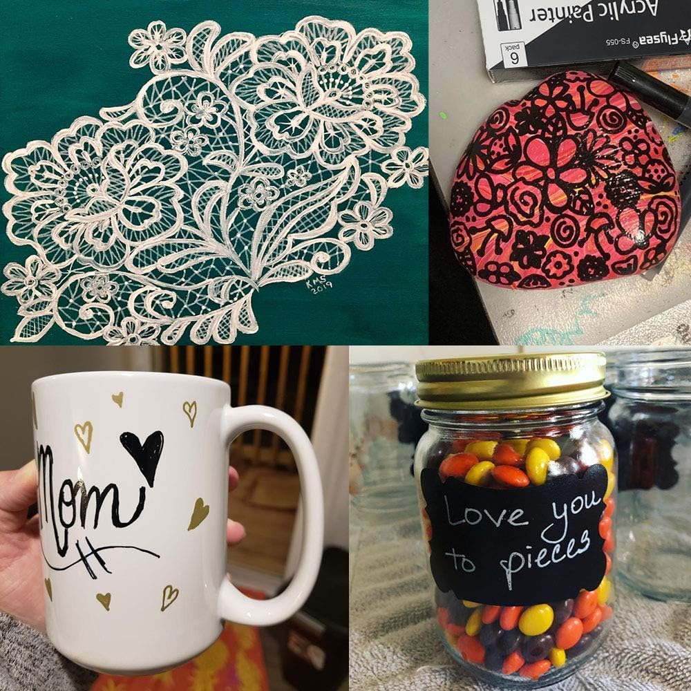 Paint Pen White Black Acrylic Marker Set for Rock Wooden Tire Metal Leather Glass Painting, 0.7mm Fine Point Quick Drying (3pcs Black +3pcs White)