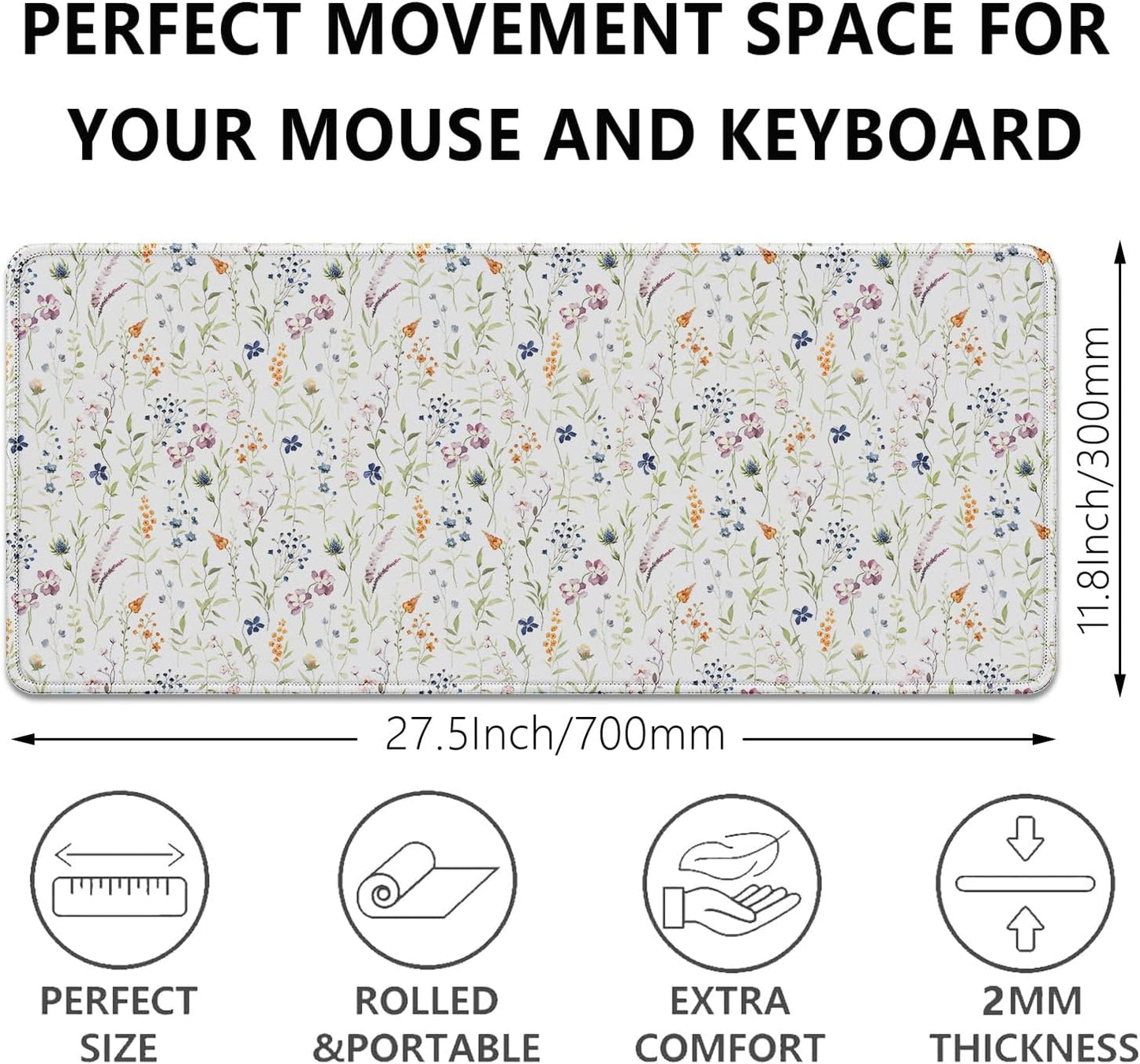 Wildflowers Flowers Mouse Pad,Large White Floral Mousepad Desk Pad with Stitched Edges,Non-Slip Waterproof Rubber Base Mouse Mat for Office Computer Keyboard Laptop Home(27.5x11.8 in)