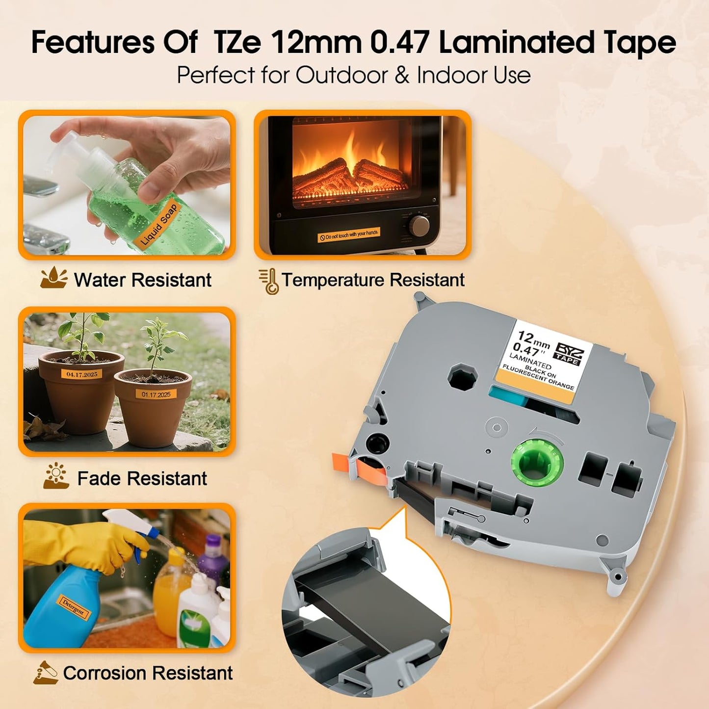 BOYEEZON 4-Pack Compatible with Brother P Touch TZe-B31 Label Maker Refills, TZ Tape 12mm 0.47 Laminated Tape for Brother PTD210 PTD220 PTD400 PTD400AD PTD600, Black on Orange Fluorescent