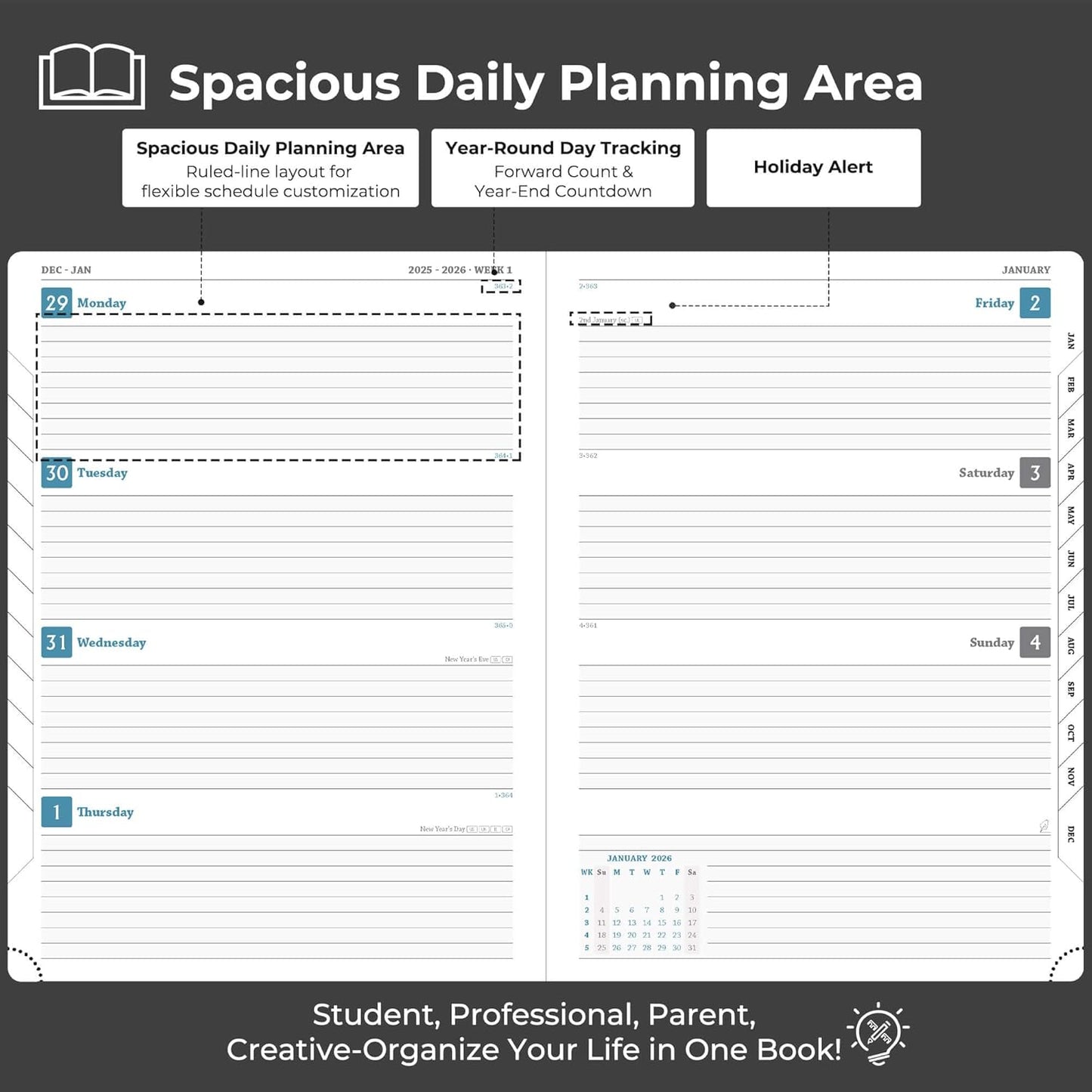 Weekly Monthly 2026 Planner (Jan.26-Dec.26),8.5"x6.5",12 Months Agenda Plan with Month Tabs & Pocket,Expenses/Note Pages, Appointment Book Calendar with Hardcover Vegan Leather Cover,Black
