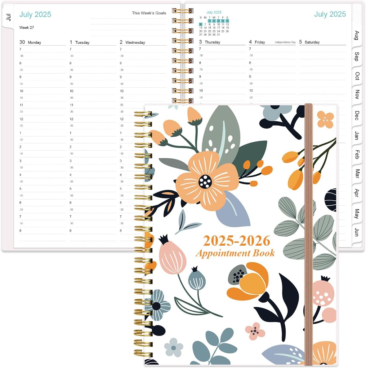 2025-2026 Appointment Book & Planner - A5 Daily Hourly Planner from July 2025 - June 2026, Weekly Appointment Book with 30-Minute Interval, Medium 6.4" x 8.5", Rose Flowers