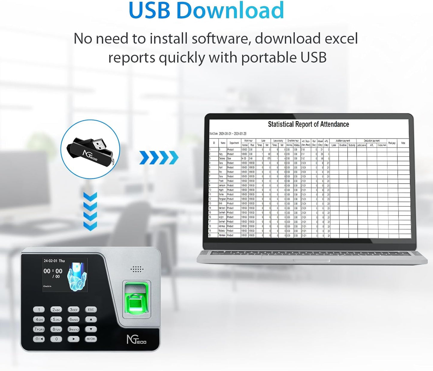 NGTeco Standalone Time Clock, Fingerprint & PIN Time Clocks for Employees Small Business Without WiFi & Software, Clock in and Out Machine for Employees, No Monthly Fee