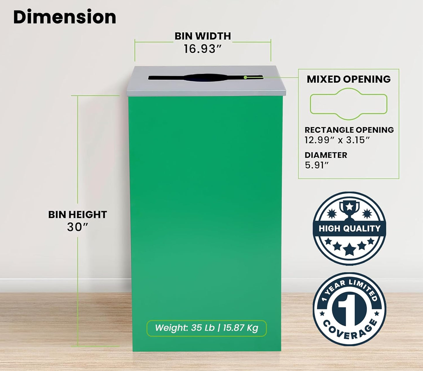 Alpine Commercial Indoor Recycle Bin - 29 Gallon Modern Looking Green Recycle Bin, Office Recycling Bins, Metal Trash and Recycling Container with Stickers & 3 Optional Lids (lid Sold Separately)