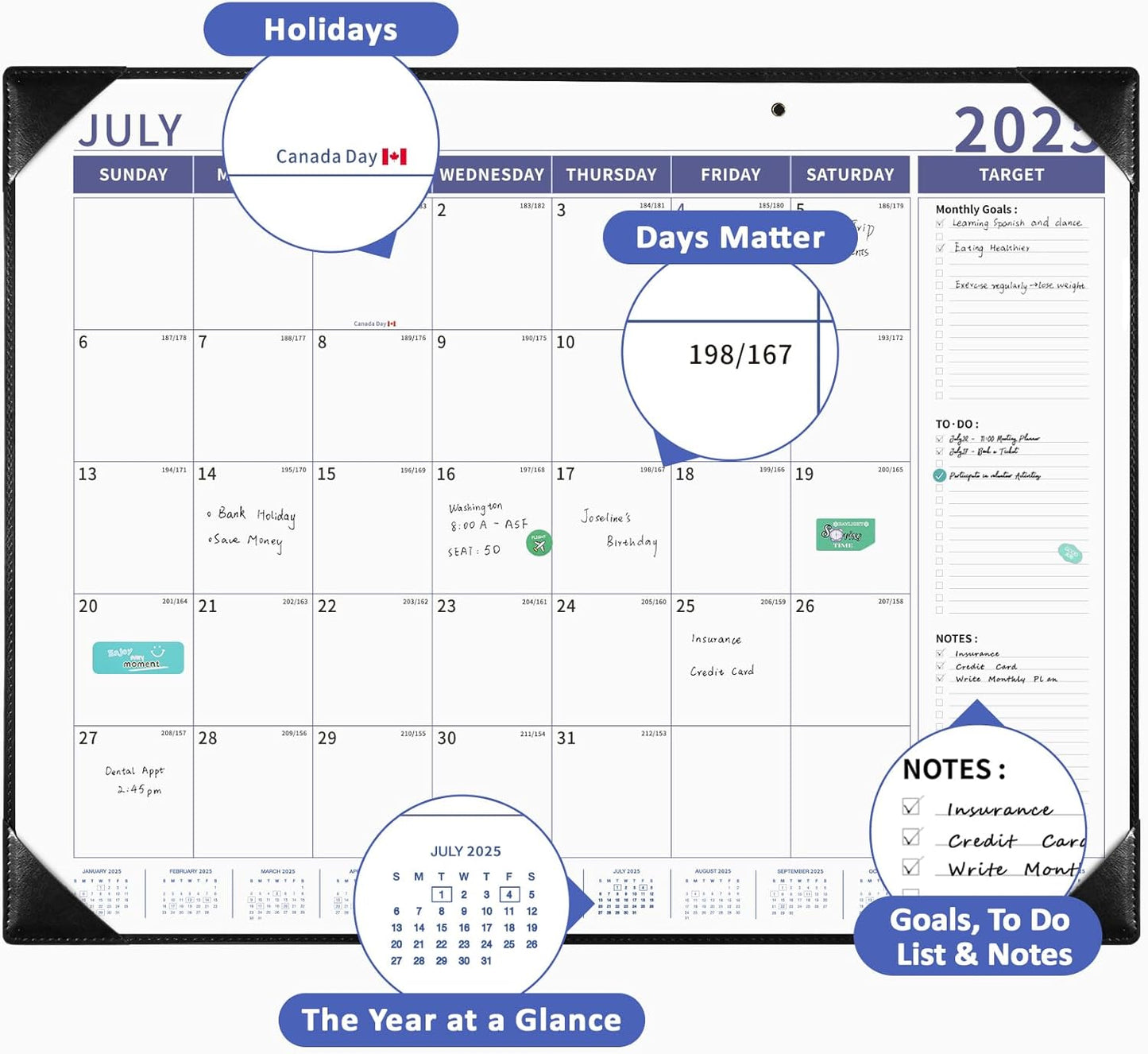 Ospelelf Large Desk Calendar 2025-2026 with PU Leather Pad, 18 Months Planner Pad from July 2025 to Dec 2026, 22" x 17" Wall Calendar with Protective Cover for Home or Office, Black