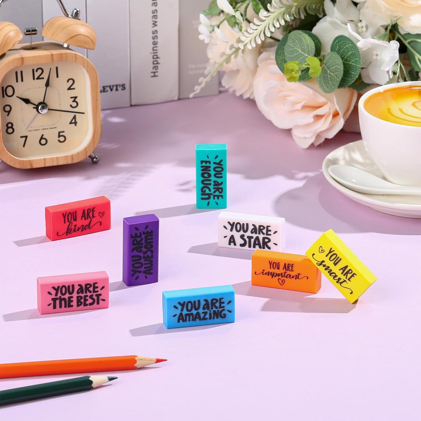PerKoop 150 Pcs Inspirational Erasers Bulk Back to School Gifts Colorful Motivational Pencil Erasers for Kids First Day of School Favors for Students Teachers Classroom Office Supplies