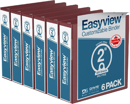 Easyview Premium 3-Ring Binders with Clear-View Covers and Round Rings, Binders for School or Office, 2 Inch, Pack of 6, Burgundy