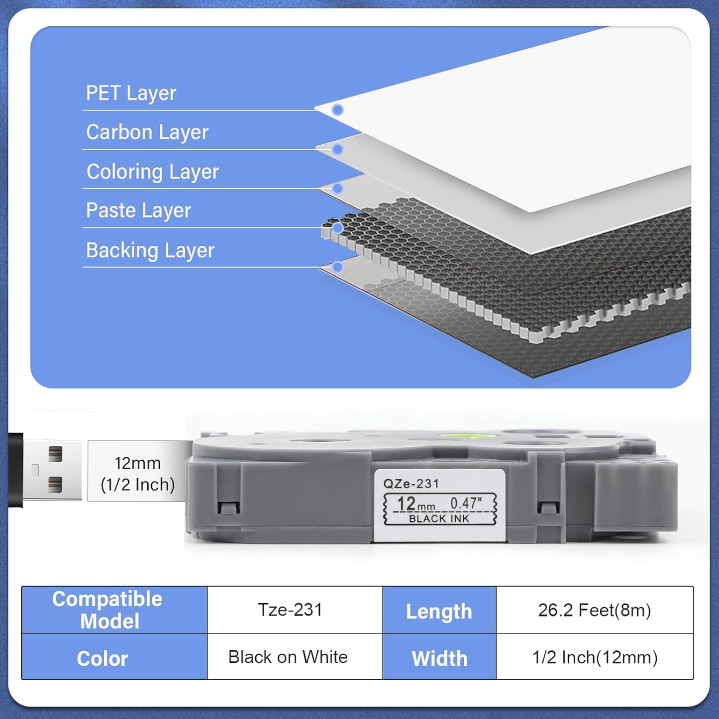 8Pack TZe-231 Tape Label Maker Compatible with Brother P-Touch TZe-231 Tape, TZE231 ½” 0.47”x 26.2 ft Laminated Black on White, for use with PT-D210, PT-H110, PT-D220, PT-D410, PT-D600