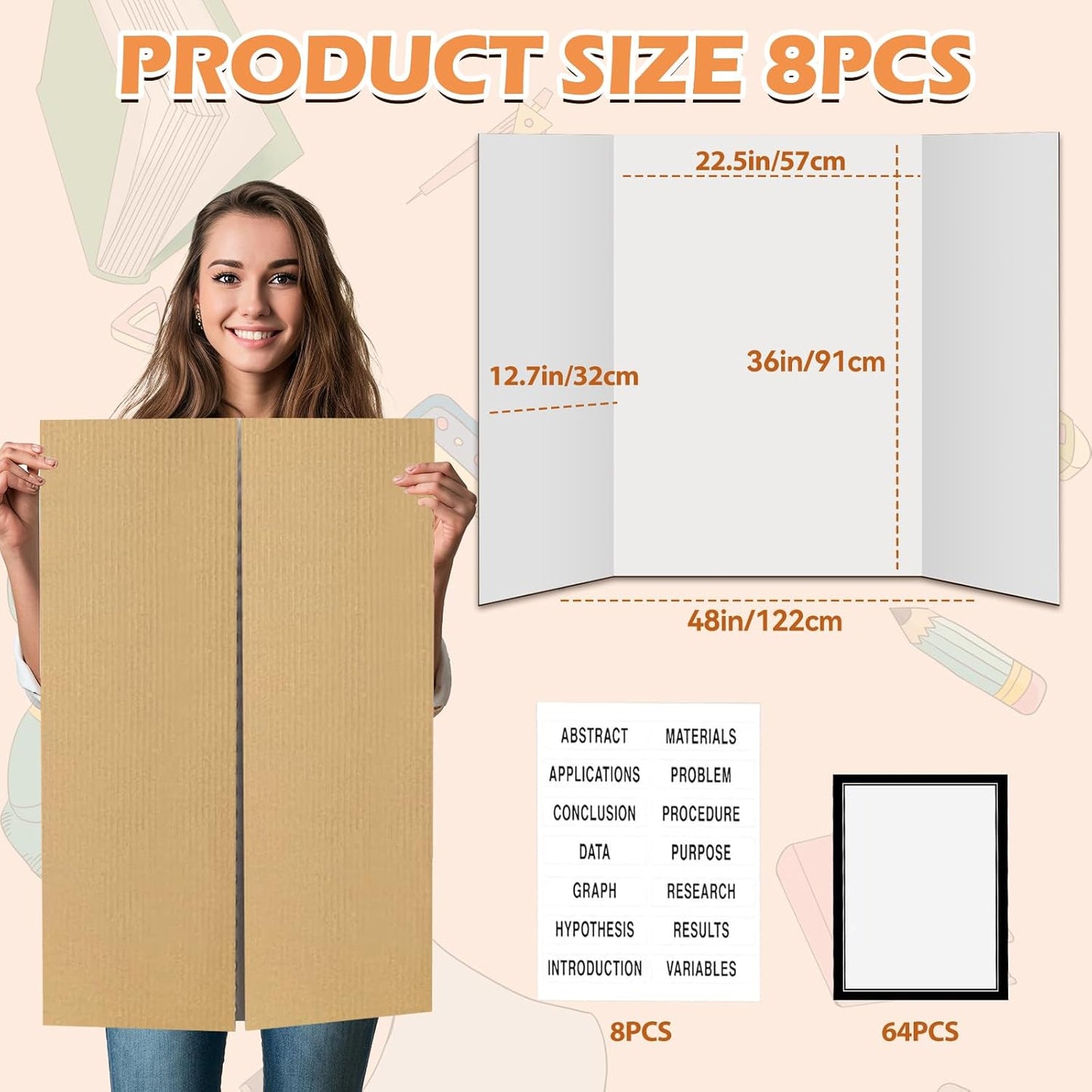 8 Pack 36"x48" Large Trifold Poster Display Board with Headers,White Foldable Presentation Paper Board with 8 Science Subtitles and 64 Self-Adhesive for School Science Business Project Display