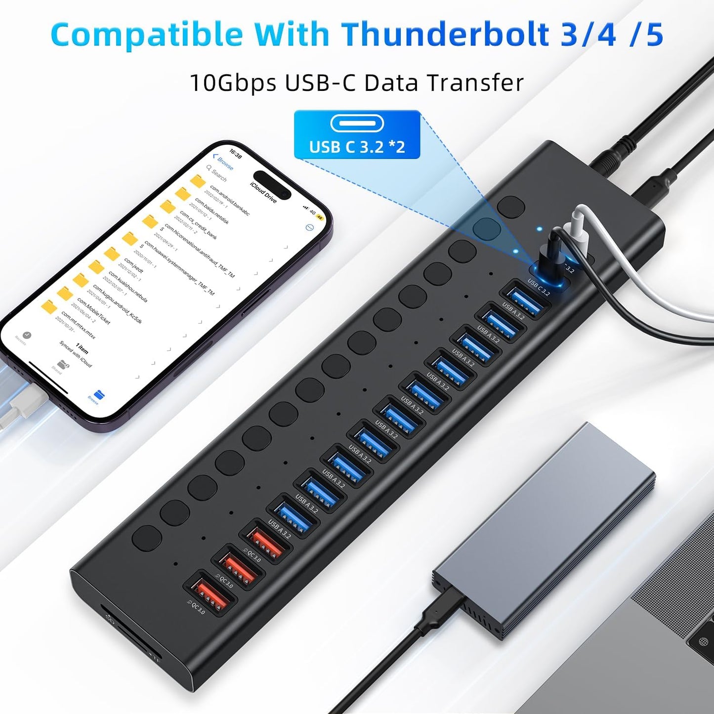 Powered USB Hub 10Gbps, 17 Ports 96W USB 3.2 Hub(10 USB-A 3.2 Ports+3 QC 24W Fast Charging Ports+2 USB-C 3.2 Ports+SD/TF Card Reader), 12V/8A Power Adapter for Laptop, PC, Computer, HDD,Flash Drive