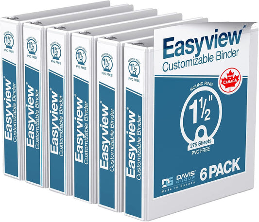Easyview Premium 3-Ring Binders with Clear-View Covers and Round Rings, Binders for School or Office, 1.5 Inch, Pack of 6, White