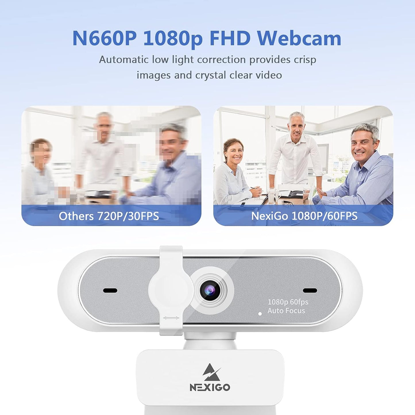NexiGo N660P 1080P 60FPS Webcam with Software Control, Dual Microphone & Cover, Autofocus, HD USB Computer Web Camera, for OBS/Zoom/Skype/FaceTime/Teams/Twitch, White