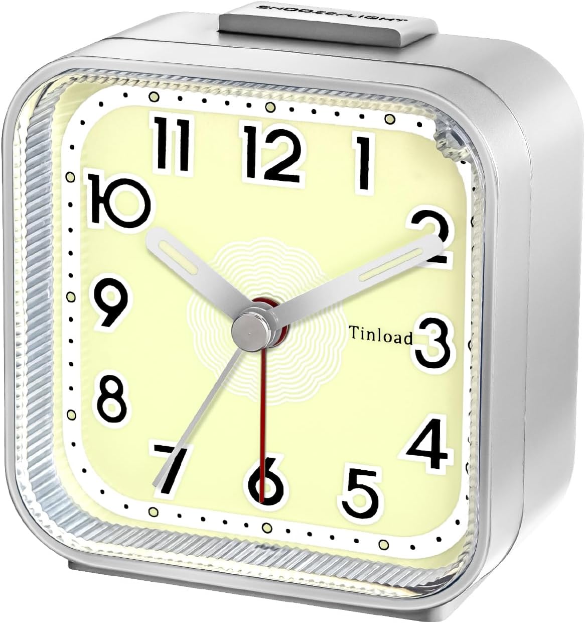 Small Analog Alarm Clock Silent Non Ticking, Ascending Beep Sounds, Snooze,Glow in Dark dial, Manual Light, Battery Operated(Silver)