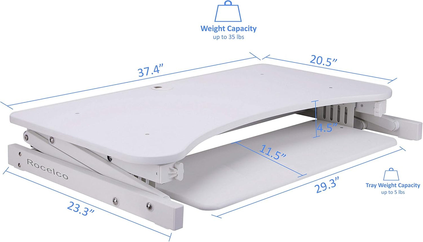 Rocelco 37.5" Deluxe Height Adjustable Standing Desk Converter - Quick Sit Stand Up Dual Monitor Riser - Gas Spring Assist Computer Workstation - Large Retractable Keyboard Tray - White (R DADRW)