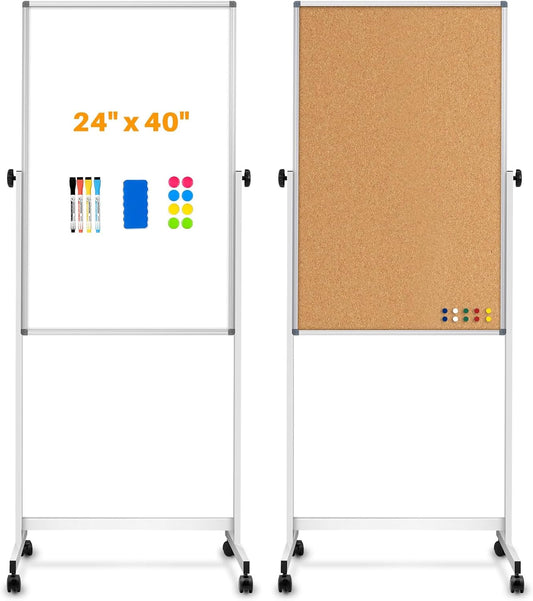 [13 Sq/ft] WALGLASS Rolling Whiteboard & Corkboard Combo with Stand, 24"x40" Reversible Double-Sided White Board Cork Board Combination, Mobile Dry Erase and Bulletin Boards on Wheels