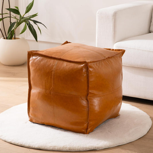 Pouf Ottoman Cover, 17.7" Square Unstuffed Pouf Cover, Faux PU Leather Moroccan Poofy Ottoman Footstool, Brown No Filler Footrest, Floor Chair Gifts Foot Rest for Living Room, (Only Cover)