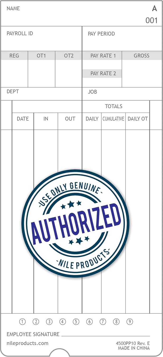 Nile Products - Authentic Time Cards for Nile Products 4500PP Compatible [ 4500PP10MB ] Electronic Calculating Time Clock, Double Sided Time Sheets (3.37 x 7.37 Inches) - 1000 Time Cards