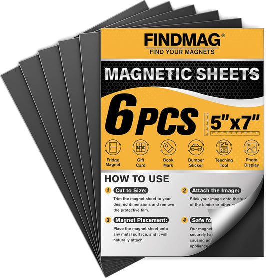 FINDMAG Magnetic Adhesive Sheets, 6 Pack Each 5" x 7" Flexible Magnet Strips with Self Adhesive Backing, Cut and Customize Sheets Magnet for Picture, Photo, Craft, DIY and Stickers